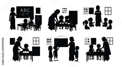 Classroom Scenes With Teacher And Students Black Silhouette Vector