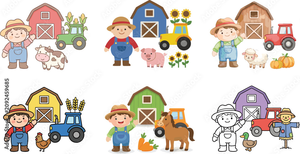 Fototapeta premium Cute Farm Cartoon Illustration Collection with Farmers Barn Animals Tractors and Rural Agriculture