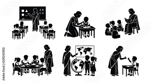 Classroom Scenes With Teacher And Students Black Silhouette Vector