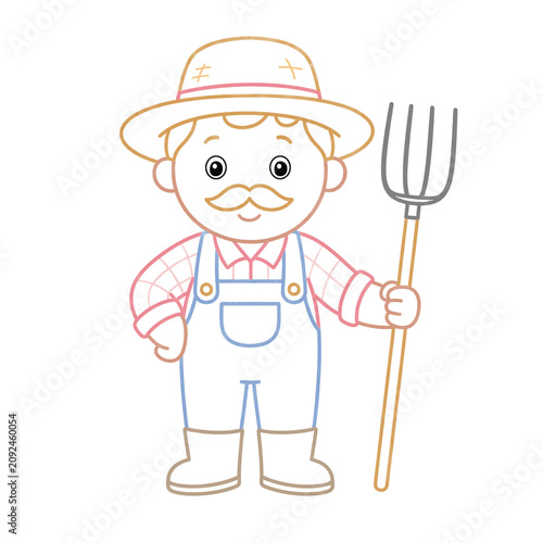 Children's illustration of a friendly farmer in a plaid shirt, straw hat, and rubber boots, isolated on a transparent background