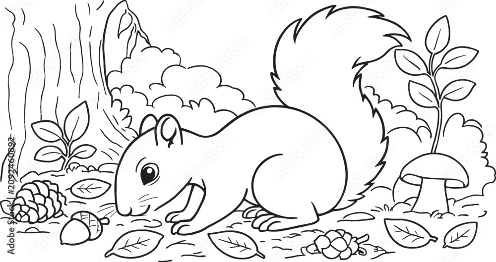 Fototapeta premium Squirrel in Forest Coloring Page for Kids, Detailed Nature and Woodland Wild Animal Line Art Vector
