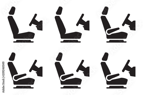 Foto Set of black vector icons illustrating car driver seat settings and steering wheel adjustments for automotive instruction manuals and vehicle user interface