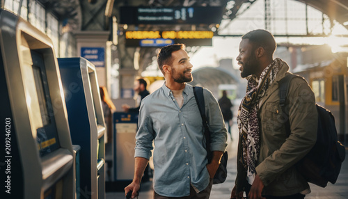 Diverse male friends laughing and talking while walking through a train station during travel