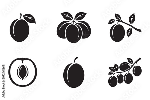 Fotografie Set of fresh plum solid black silhouettes on transparent background for food design with leaves, a plum pit, and plum branches, ideal for fruit packaging or labels