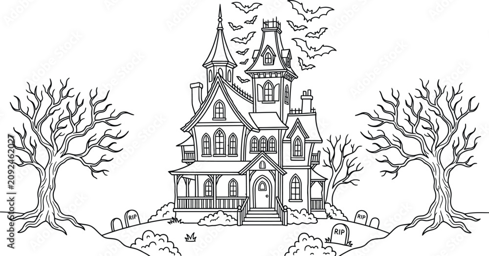 Naklejka premium Spooky halloween day haunted house illustration with bats and bare trees for coloring pages