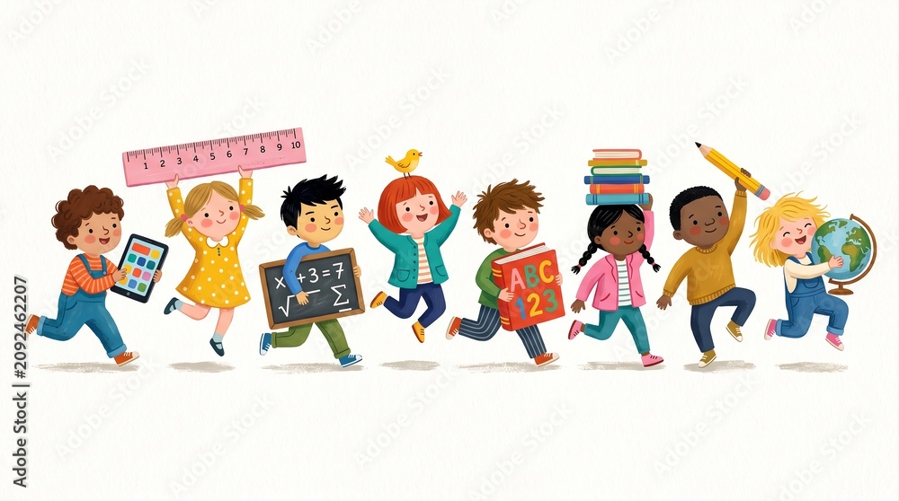 Fototapeta premium Diverse Kids Running to School Hand-Drawn Colored Pencil Illustration
