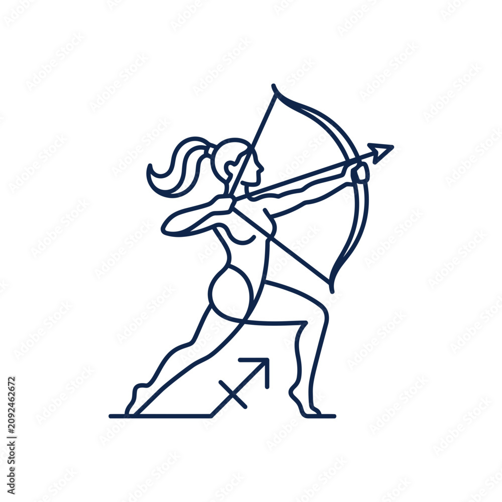 Fototapeta premium Minimalist line art female archer with Sagittarius zodiac symbol