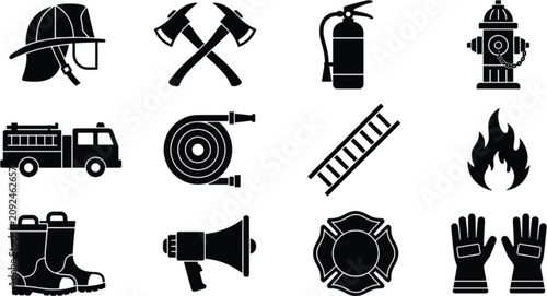 Konstfotografi Firefighter equipment black silhouette vector icon set featuring helmet axe extinguisher hydrant truck hose ladder flame boots and badge