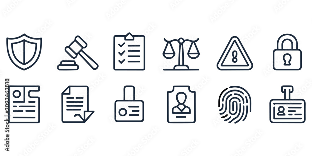 Fototapeta premium Legal and security icons: shield, gavel, checklist, scales, warning, lock, badge