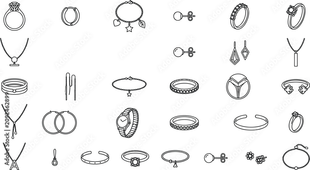 Fototapeta premium Jewelry and Luxury Accessory Line Icon Set Featuring Black Outline Vectors of Diamond Rings Necklaces Bracelets Earrings and Wristwatches for Fashion E-Commerce Retail Store App Designs