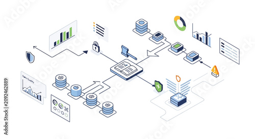 A complex data processing and analysis flowchart with various computer and database elements.