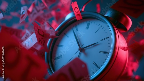 An alarm clock is surrounded by flying discount tags, creating a feeling of urgency in a dramatic red-blue light setting.