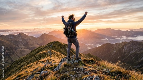 Backpacker celebrates on a rocky mountain summit at sunrise above sweeping peaks and clouds, ideal for adventure travel, hiking, and achievement campaigns.