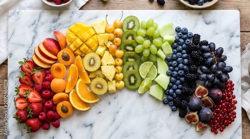 Colorful rainbow fruit platter with berries, citrus, melon, grapes, kiwi, mango, figs, and cherries on marble, ideal for healthy catering or brunch promotions.