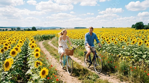 Happy young couple riding bicycles along a dirt path through a vast sunflower field under a blue sky, suited for summer travel and lifestyle promotions.
