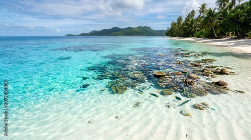A clear tropical lagoon with coral reef, fish, white sand, palm trees and distant green hills, ideal for travel advertising and island vacation promotions.