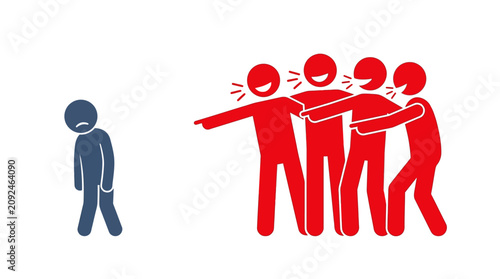 Cuadro en lienzo Sad blue figure bullied by red crowd suitable for antibullying campaigns, psychology literature, mental health awareness, social issues illustrations