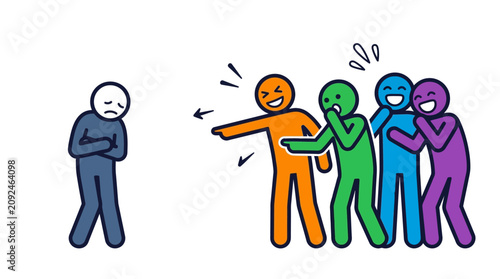Canvas Print Sad victim isolated and bullied by a group with onlookers laughing