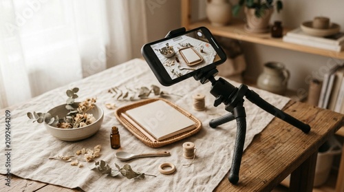 A smartphone on a tripod records a styled rustic tabletop with dried flowers and craft supplies, useful for social media content and small business branding.