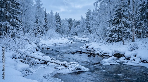 A snow-covered forest river winds through frosted evergreens under a cold blue sky, ideal for winter travel, nature, and seasonal background use.