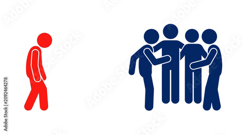 Obraz na plátně Lonely stick figure isolated from blue group friendship circle