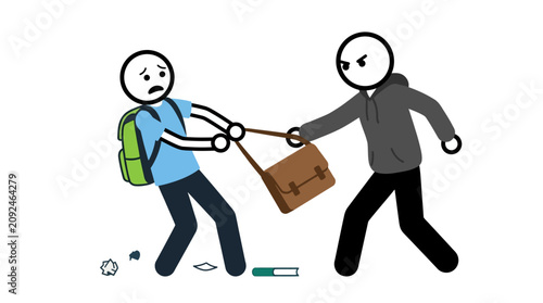 Schilderij op canvas Sad, fearful student with a brown leather school bag being victimized by an aggressive bully or thief