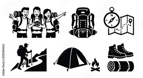 Hiking And Camping Vector Illustration With People And Equipment