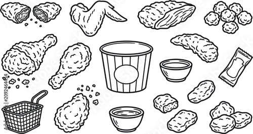 Photography Fried chicken vector icon set featuring hand drawn fast food elements drumstick wing nugget bucket sauce and basket line art