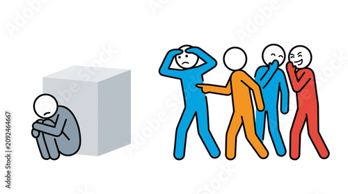 Cuadro en lienzo Stick figure alone with shadowy figures mocking, representing isolation, bullying, loneliness