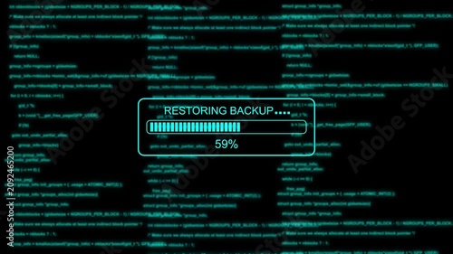 Restoring backup progress bar with glitch digital code background, for cyber security, and data recovery concepts