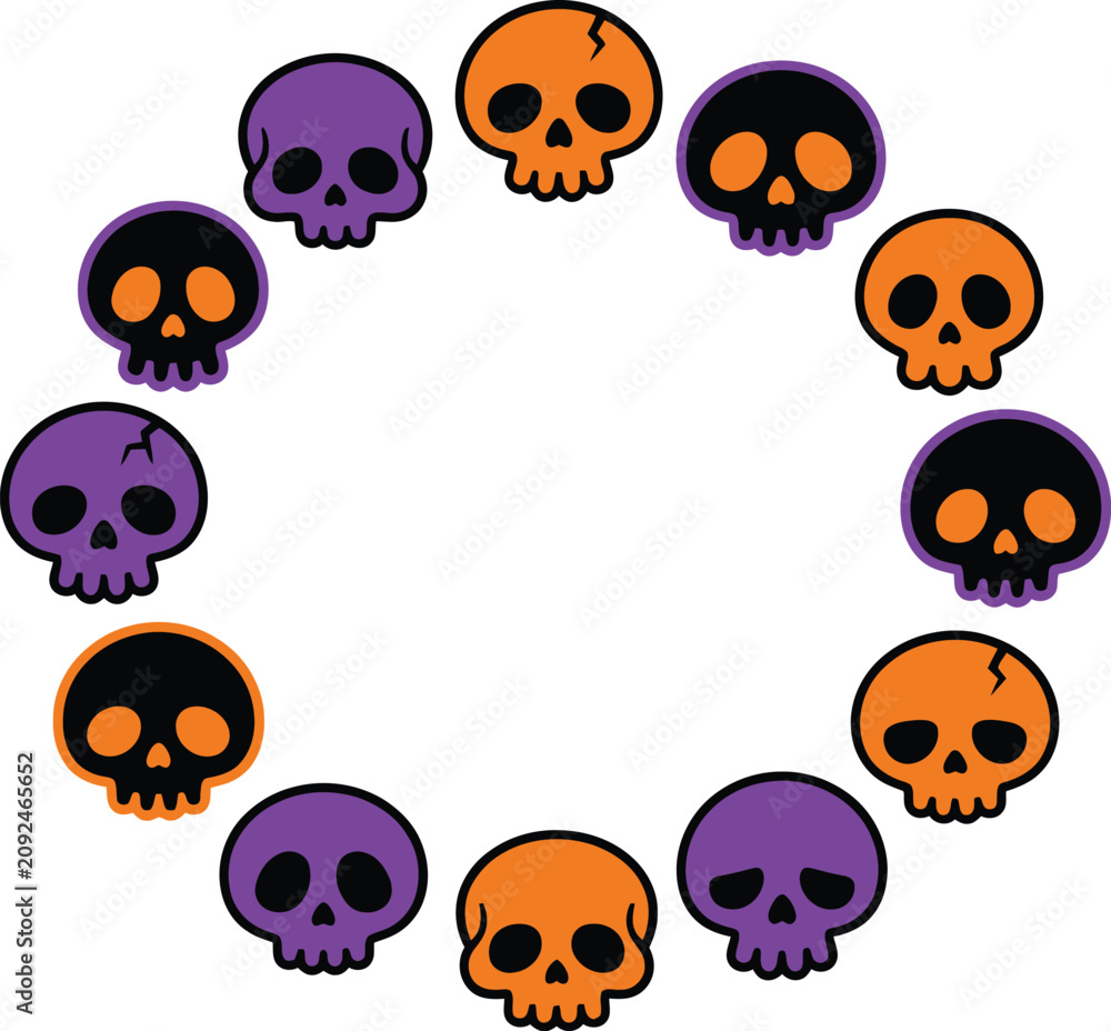 Fototapeta premium Halloween skulls in a circle spooky orange and purple skulls for halloween decorations
