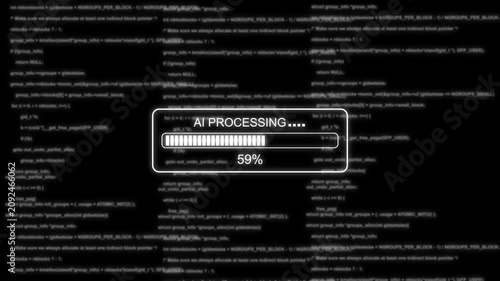Ai processing loading bar with glitch effect on digital programming code background, artificial intelligence
