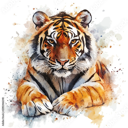 Canvas Print Tiger, illustration watercolor with playful splashes and delicate line details, isolated on a white background