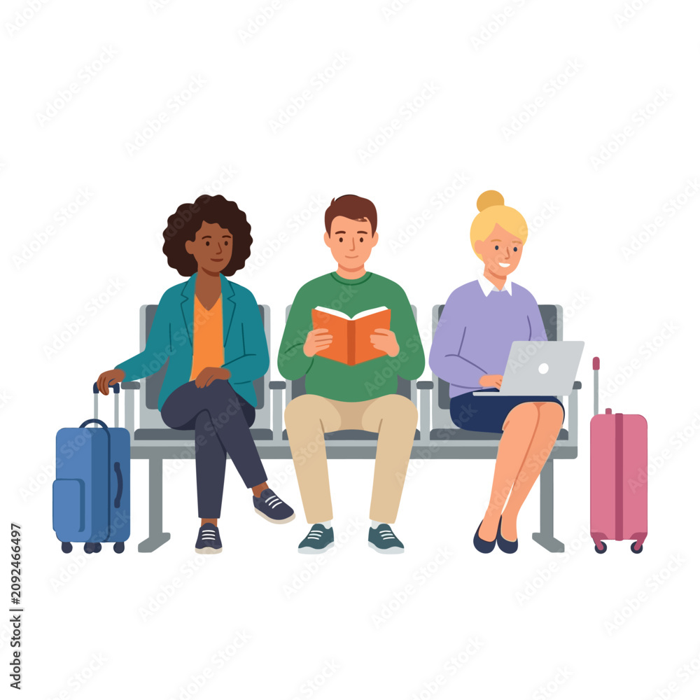 Obraz premium Travelers Waiting at Airport with Luggage and Devices