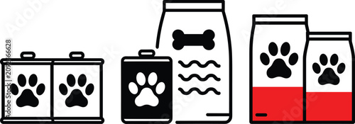 Pet food vector packaging set with line icons of canned food, bags, dog bone, and paw prints isolated on white background