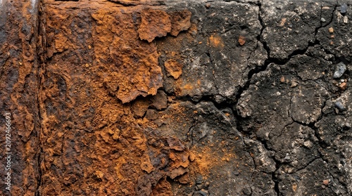 Thick orange rust on weathered iron surface detail