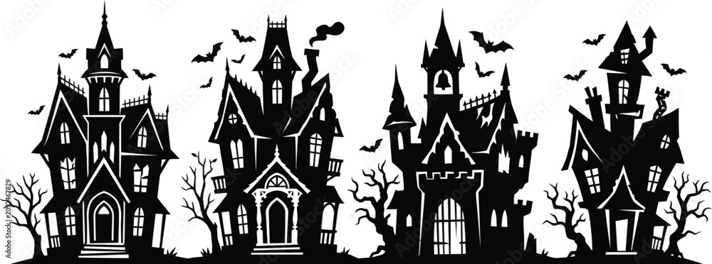 Fototapeta premium Spooky halloween day silhouette haunted houses bats and creepy trees for festive decorations