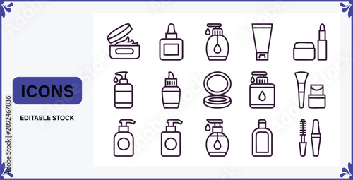 Set of various cosmetic products and makeup icons in editable line style  simple illustrations