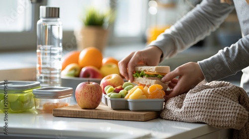 Woman preparing healthy lunch box with fresh fruits and sandwich in kitchen ,back to school photo