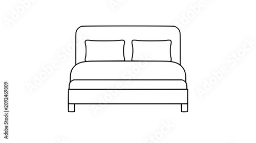 Bild auf Leinwand A clean black and white line art vector icon of a double bed frame with simple hand-drawn outline strokes, suitable for hospitality websites, room reservation systems, or home decor guides