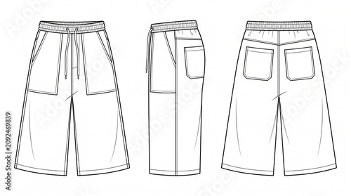 Unisex Wide Leg Cropped Drawstring Trousers Fashion Technical Sketch Flat Template