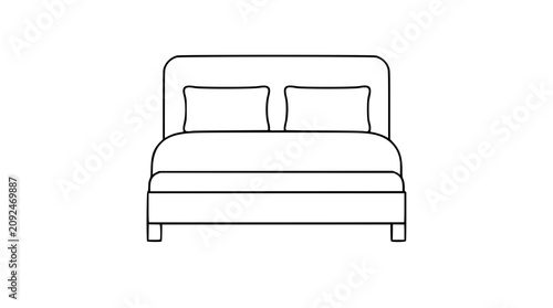 Foto A clean black and white line art vector icon of a double bed frame with simple hand-drawn outline strokes, suitable for hospitality websites, room reservation systems, or home decor guides