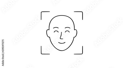 A clean black and white line art vector icon illustrating a face recognition outline with detailed scanning grid patterns, suited for biometric security and smart device interfaces.
