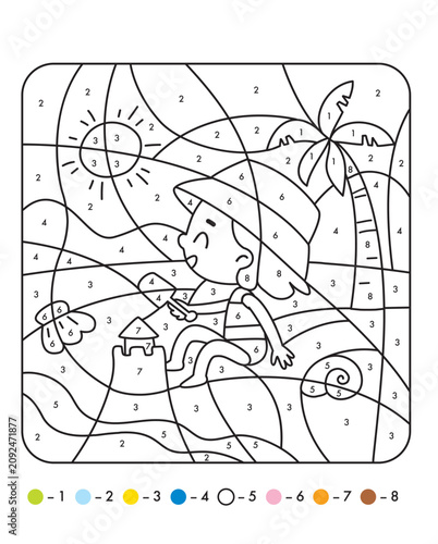 Color by numbers activity for children. Educational worksheet with a riddle puzzle where kids color objects according to numbers. Fun learning game that develops attention, logic, and creativity. 