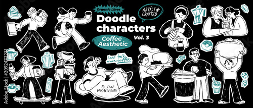 Hand drawn coffee doodle characters and sweets collection vector. People with cups, skater, slow morning concept, cozy cafe aesthetic line art elements set isolated on black background.