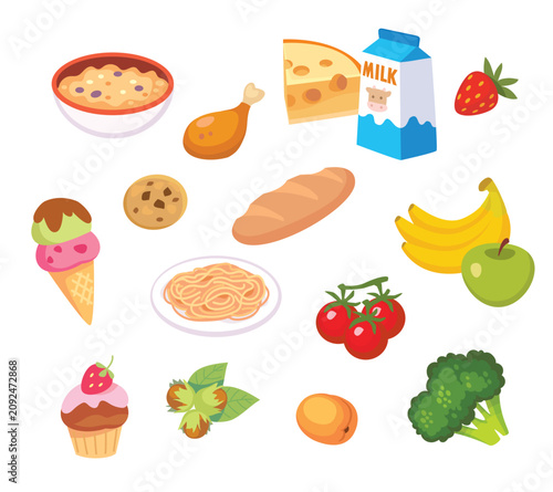 Food icons set collection grand variety of products. Fast food, healthy food assortment. Meals dishes isolated on white background. Vector flat illustration cartoon childish children primitive style