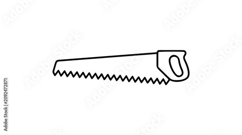 A clean black and white line art vector icon of a handsaw blade with sharp teeth, excellent for carpentry workshop signage, DIY tutorial graphics, or woodworking tool catalogs.
