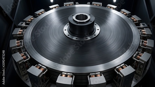 Large diameter industrial flywheel with copper wound electromagnetic stator assembly