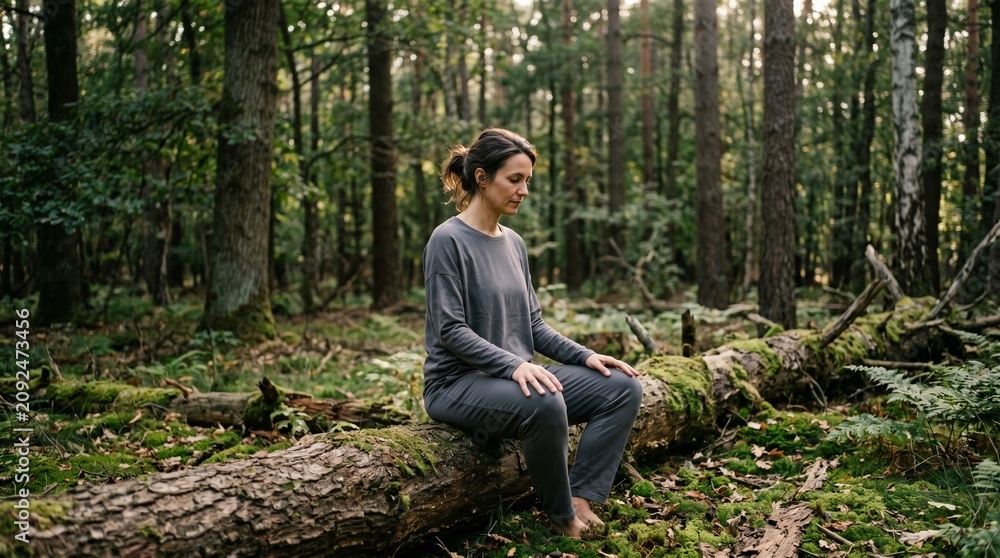 Obraz premium Seated Forest Clearing Meditation On Fallen Log For Stress Relief