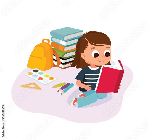 Girl reading a book. A child seats near beside pile of books with school supplies around. Little baby girl is reading and dreaming. Homework reading. Vector illustration. Flat design.  
